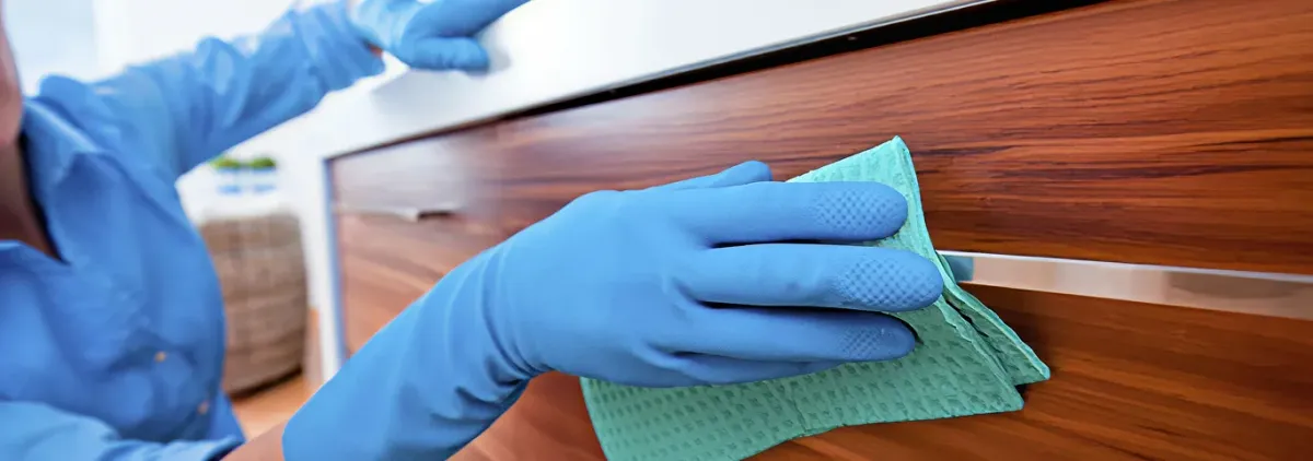 Cleaner wearing blue gloves wiping a wooden cabinet drawer with a microfiber cloth for dust and grime removal, Charleston, SC.